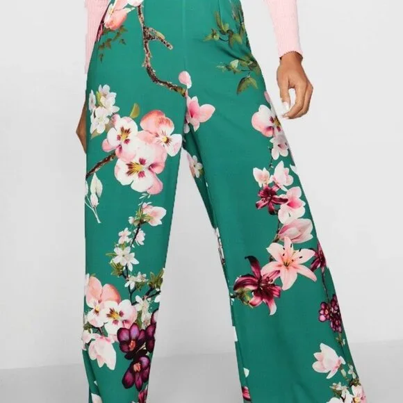 boohoo Chic Floral Wide-Leg Pants Size 4 Colorful Breezy Boho Core - Picture 2 of 12